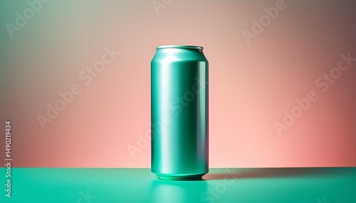 an aluminum can stands in a balanced position on a subtle gradient backdrop the simple design offers a clean aesthetic
