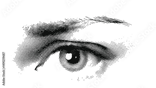 
A halftone-style illustration of a human Eye with retro grainy texture. Vector illustration for grunge psychedelic surreal poster or tattoo in 90s aesthetic y2k, collage, design