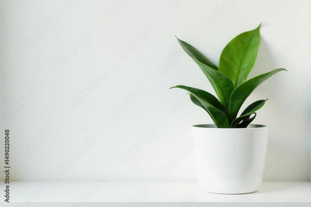 Close-up of snake plant in pot, white shelf, white wall backdrop Ample copy space , botanical, interior design, houseplant Close-up of snake plant in pot, white shelf, white wall backdrop Ample copy space , botanical, interior design, houseplant