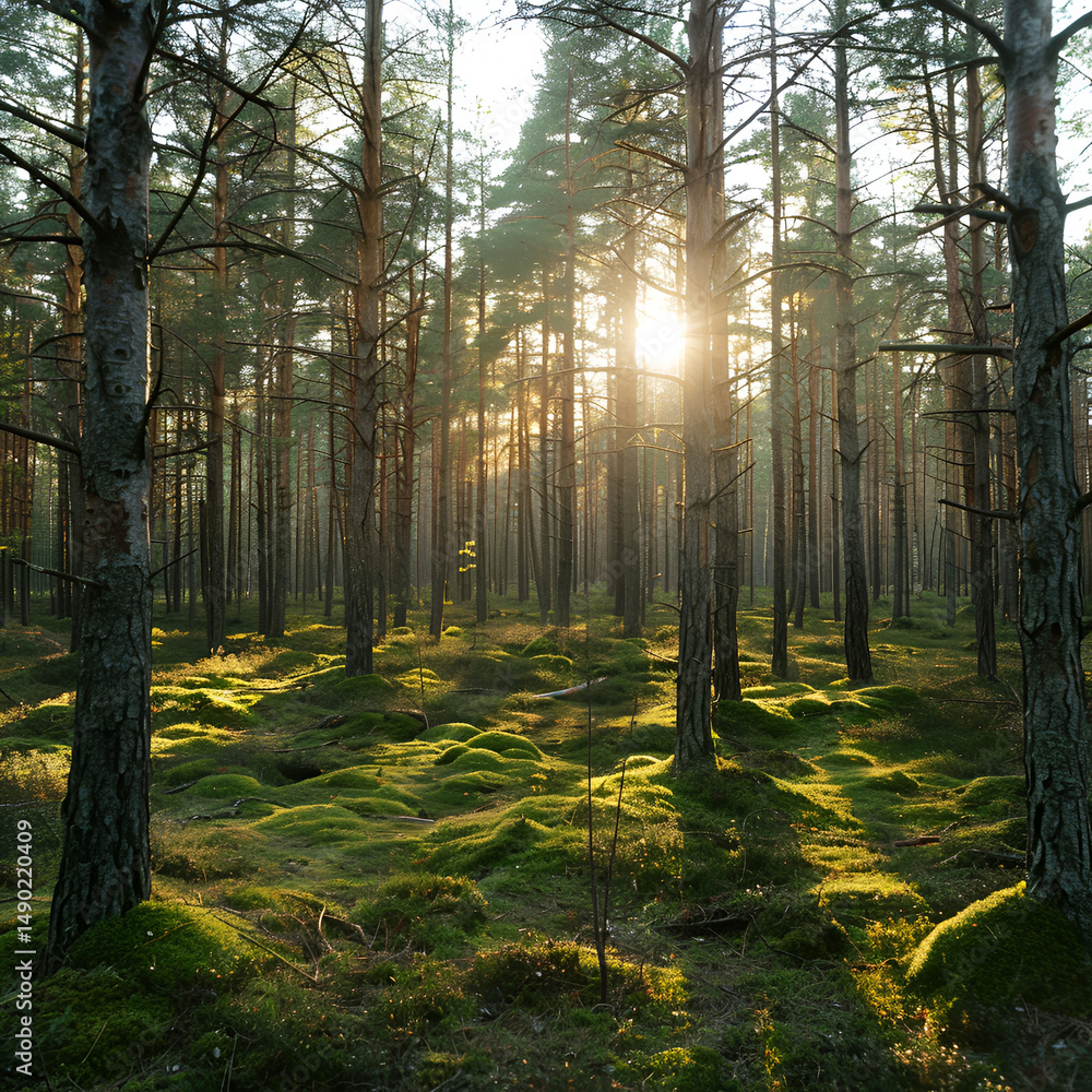 Fototapeta premium Sunlit Mossy Pine Forest Golden Hour Tranquility,