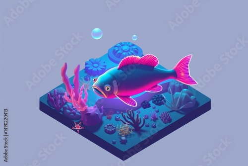 Colorful fish in vibrant underwater coral reef scene with bubbles and