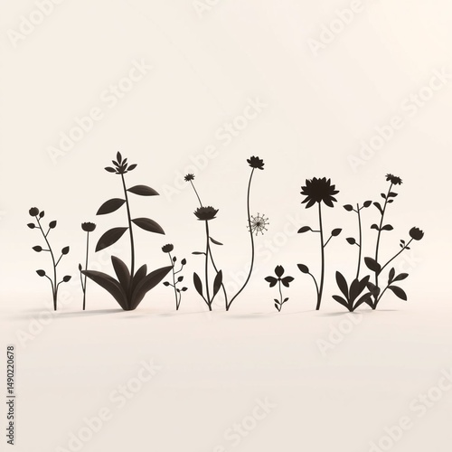 Silhouette of Various Wild Flowers on Light Background