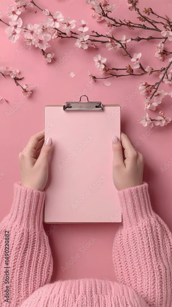 Obraz premium Gentle Hands Holding a Blank Pink Clipboard