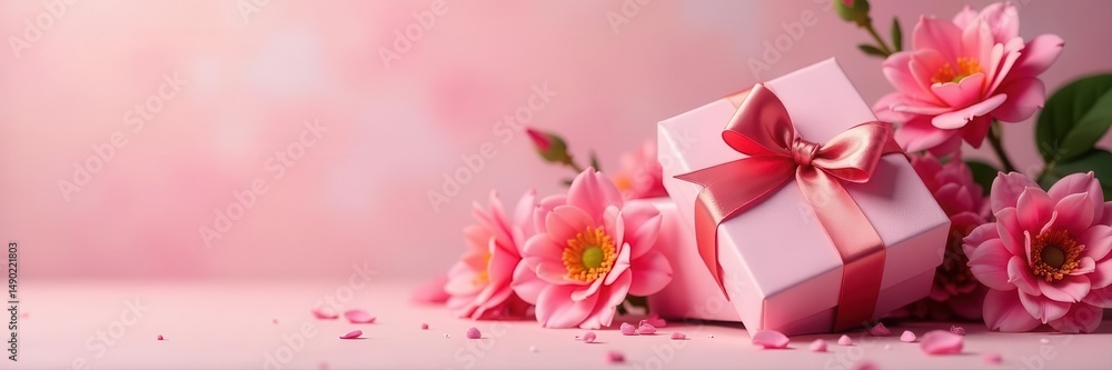 Elegant gift boxes & vibrant blooms on soft background, spring, packaging Elegant gift boxes & vibrant blooms on soft background, spring, packaging