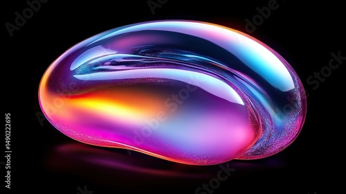 Iridescent blob with smooth surface and vibrant colors on a dark background in a studio setting