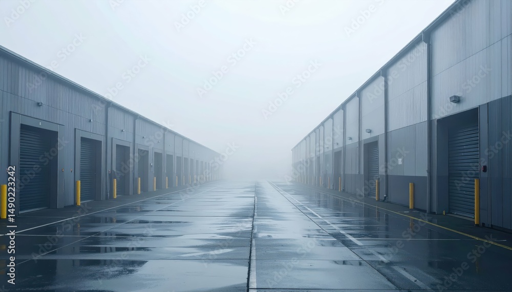 Misty Shipping Depot with Compact Packing Stations and Empty Road Misty Shipping Depot with Compact Packing Stations and Empty Road