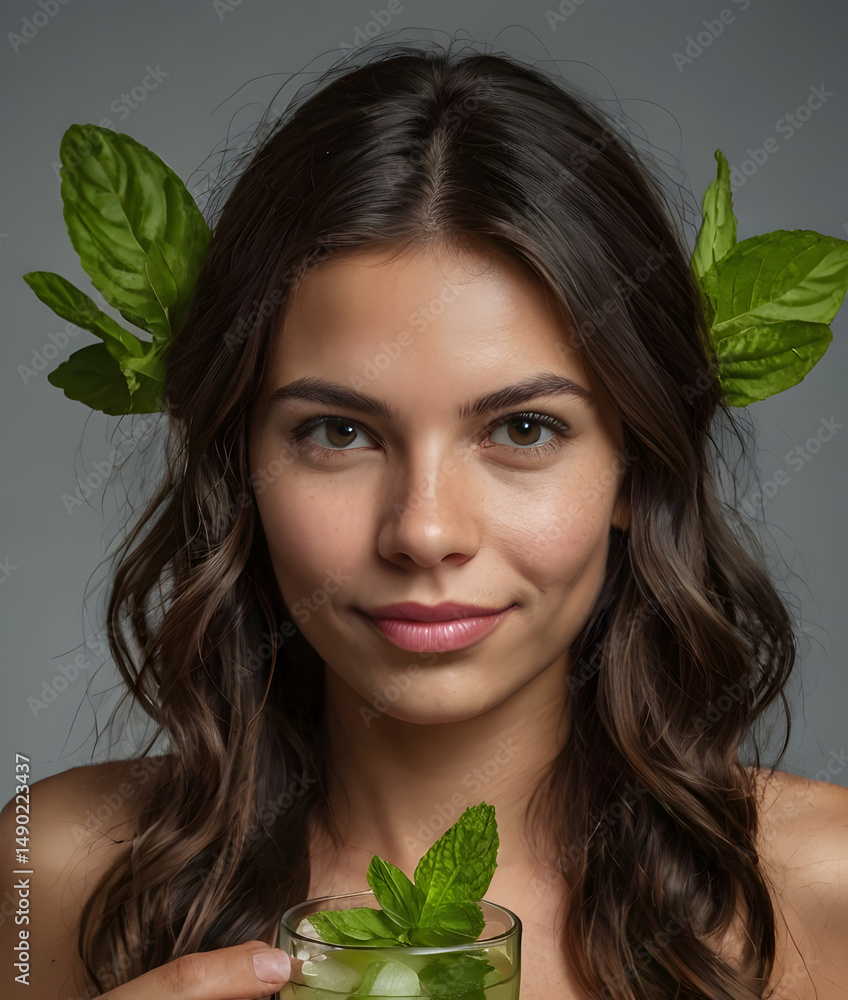 Une femme à la couronne de menthe et au mojito, isolée sur fond gris Une femme à la couronne de menthe et au mojito, isolée sur fond gris