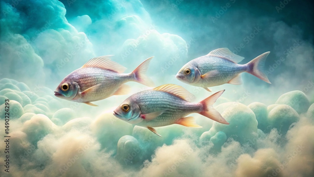Fototapeta premium Serene Aquatic Trio Three Elegant Fish Gracefully Navigate a Dreamlike Underwater Landscape of Soft, Pastel Clouds