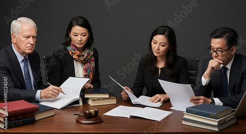Diverse Legal Team Collaborating on Case Documents in Modern Law Office Conference Room