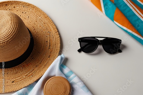 Stylish straw hat and sunglasses accessorize a woman's summer fashion on the beach, perfect for vacation in the sun.