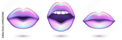 Shiny holographic 3d female lips icons set. Design elements for beauty salon makeup cosmetics label. Vector illustration