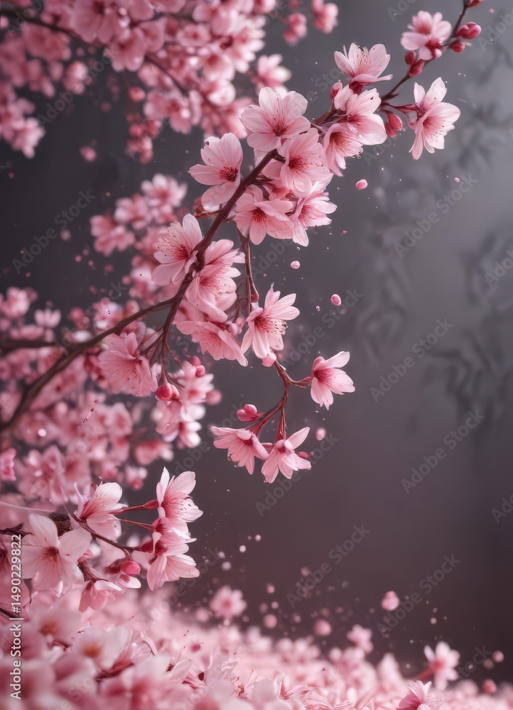 Naklejka premium Abstract pink sakura petals swirl, soft focus background, visual, cherry