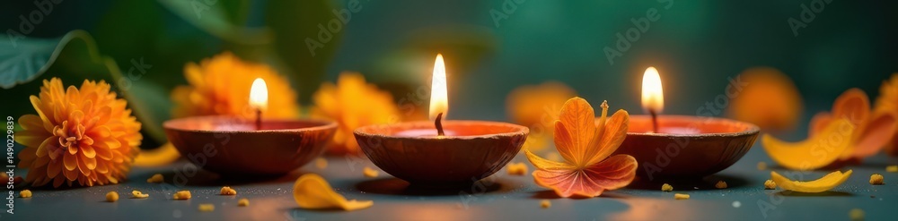 Scented candles in diyas, marigolds on aged green Diwali , prayer, festival, celebration Scented candles in diyas, marigolds on aged green Diwali , prayer, festival, celebration