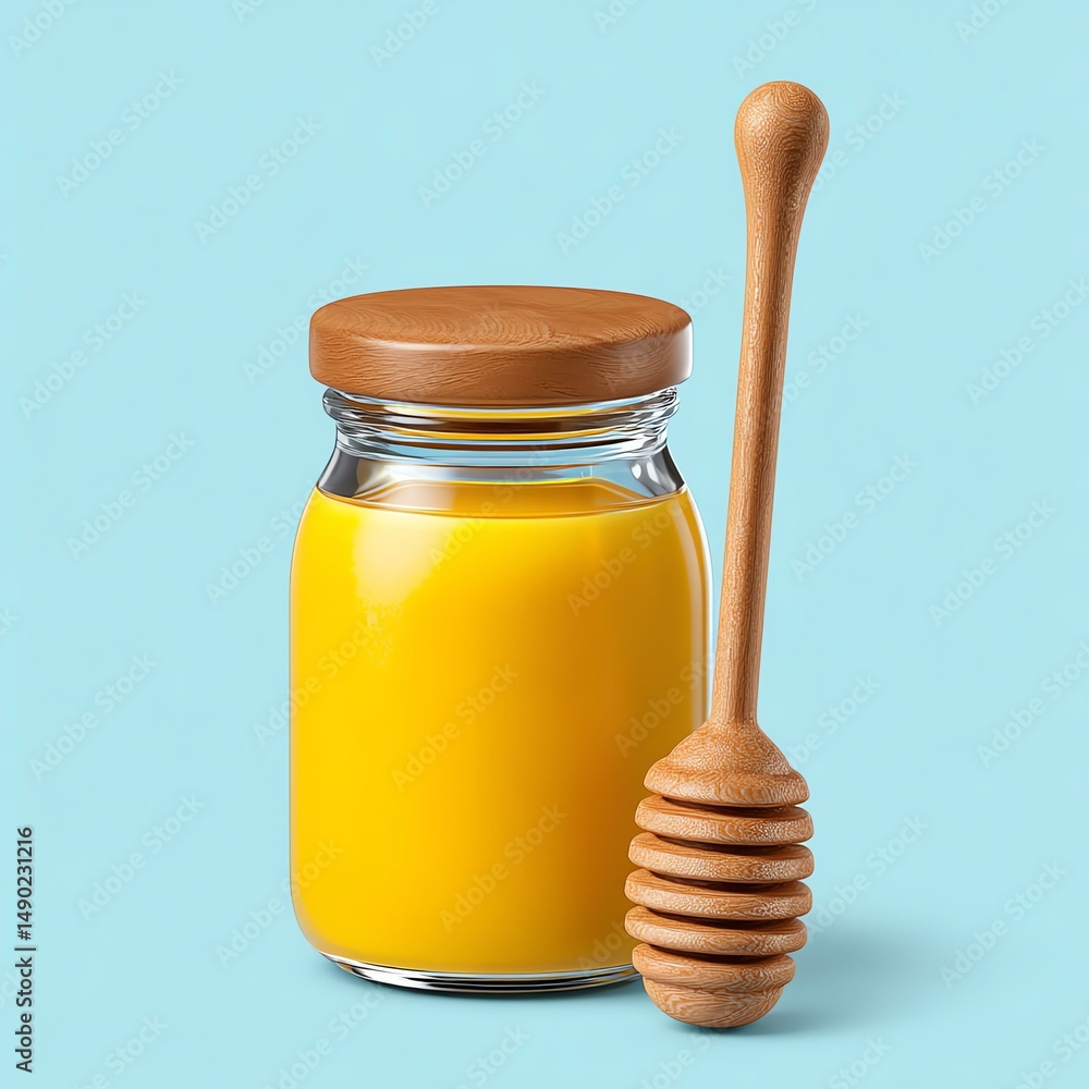 Golden Honey in Glass Jar with Wooden Dipper on Light Blue Background Golden Honey in Glass Jar with Wooden Dipper on Light Blue Background