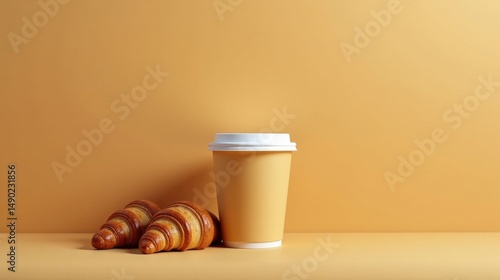 A delightful image showcasing a pair of golden-brown croissants alongside a pastel-toned disposable coffee cup, all set against a muted ochre backdrop.