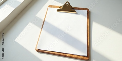 Blank Clipboard with Golden Clasp on a White Surface Basking in Sunlight