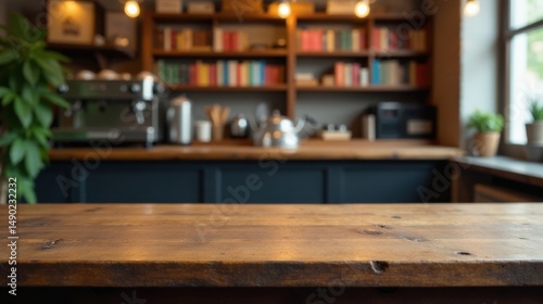 Rustic Wooden Countertop with Blurred Background of Bookshelves and Coffee Making Equipment in a Cozy Cafe Setting