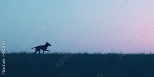 Silhouette of a Canine Running Across a Field at Dawn, a Peaceful and Serene Moment Captured in the Soft Light of the Early Morning