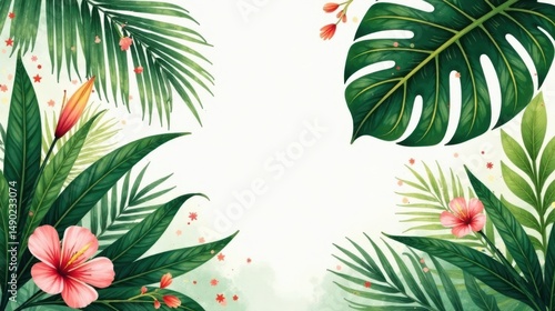 Lush Tropical Foliage and Blossoms Frame a Pristine White Space, Ideal for Text or Design Elements