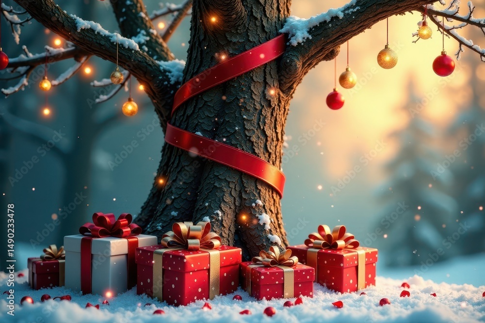 Naklejka premium Presents and ribbons wrapped around a towering tree, festive, presents