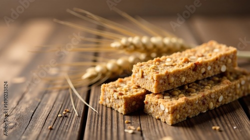 Delicious and nutritious grain bars stacked on rustic wooden surface near wheat stalks