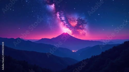 Majestic Mountain Peak Underneath a Vibrant Night Sky Displaying a Starry Galaxy