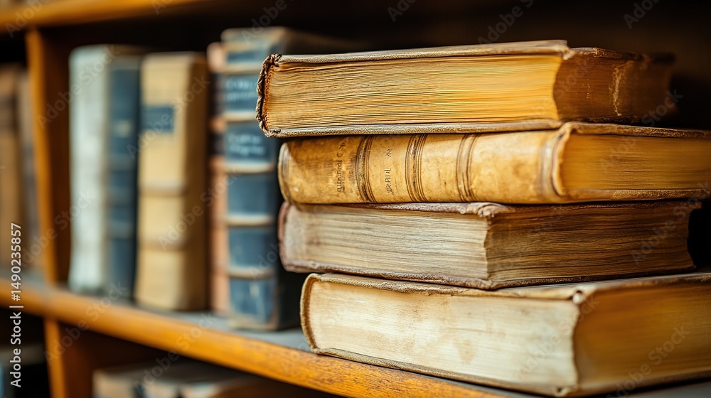 Fototapeta premium Timeless Knowledge: Old Books on Wooden Shelves, a Quiet Library Ambiance 
