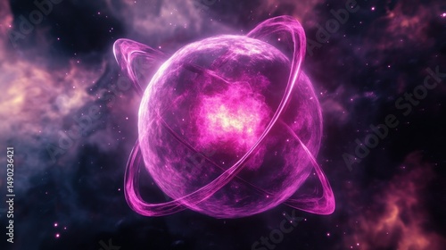 Radiant pink celestial sphere with swirling rings in a cosmic nebula