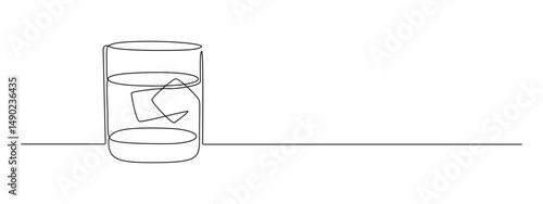 Whiskey glass in one continuous line drawing. Whisky and liquor with ice cubes for alcohol drink menu in simple linear style. Editable stroke. Doodle contour vector illustration