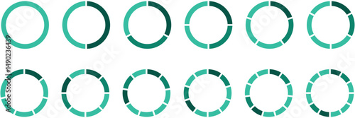 Pie chart set, colored segmented circle icons, pie chart divided equal parts, ring percentage wheel, circle diagram with sections or parts
