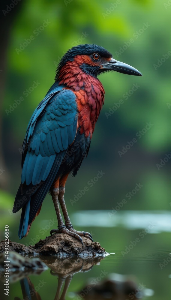 Obraz premium Regal bird perches on riverbank, surveying water below, egret, fish