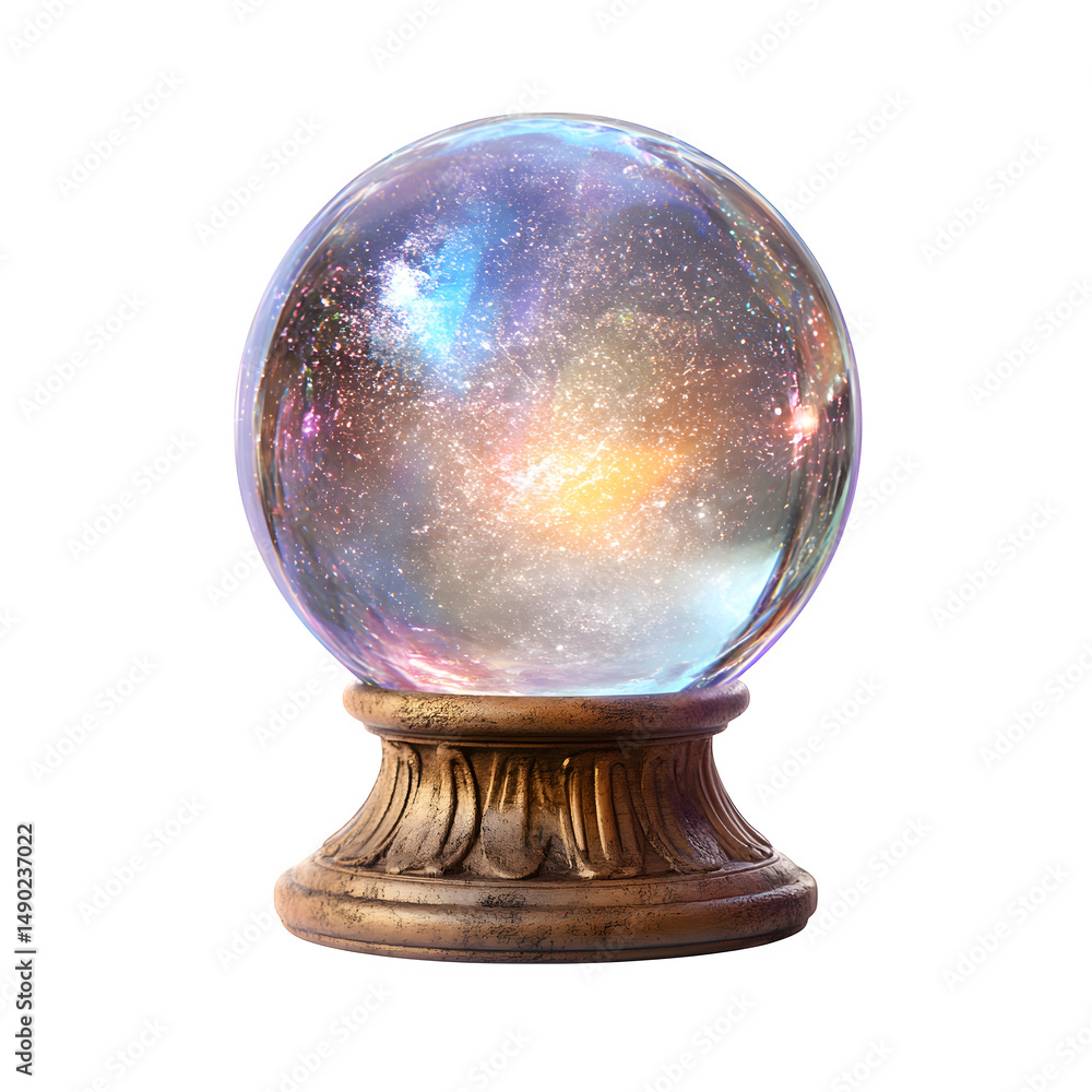 Illuminated crystal ball with galaxy inside resting on an ornate wooden stand base Illuminated crystal ball with galaxy inside resting on an ornate wooden stand base