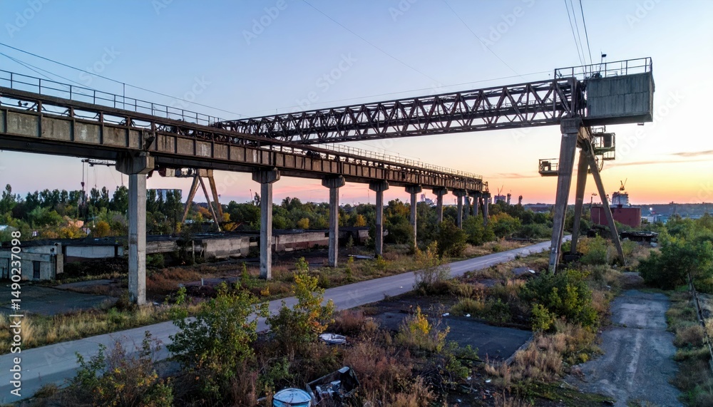 Obraz premium Derelict Warehouse with Mezzanine and Overhead Cranes at Dawn