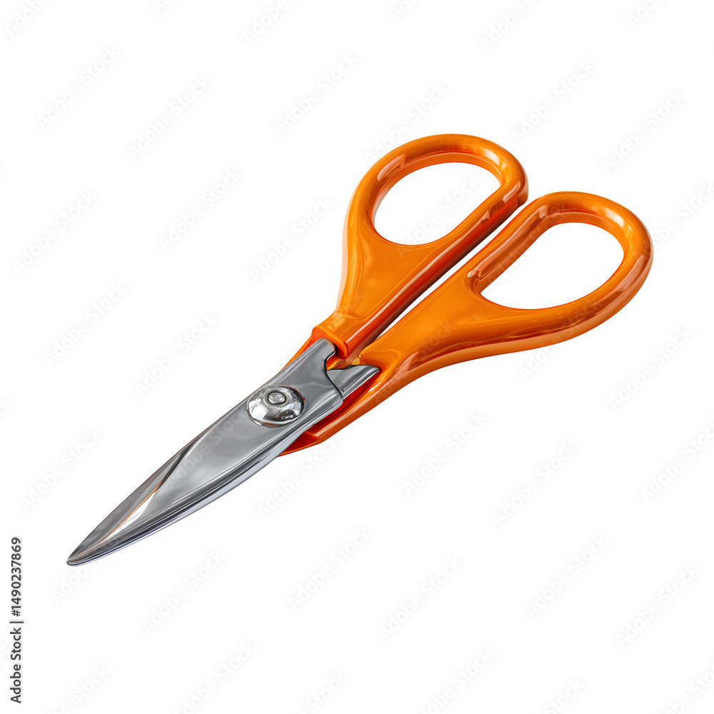 Pair of orange scissors with plastic handle and steel blades, school supplies theme, isolated on transparent background Pair of orange scissors with plastic handle and steel blades, school supplies theme, isolated on transparent background