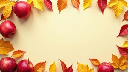 Autumnal arrangement of vibrant red apples and colorful foliage creates a beautiful border around a blank space