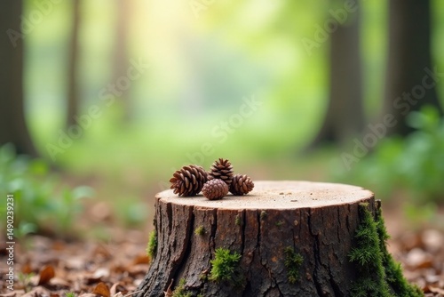 Serene Forest Scene Pine Cones Resting on a Mossy Tree Stump in a Sunlit Grove