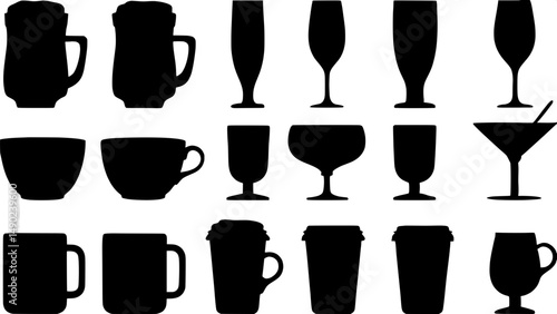 A collection of various beverage icons.  Different types of cups, glasses, and containers are shown, including beer mugs, wine glasses, cocktails glasses, margarita glasses, coffee cups, teacups, and 