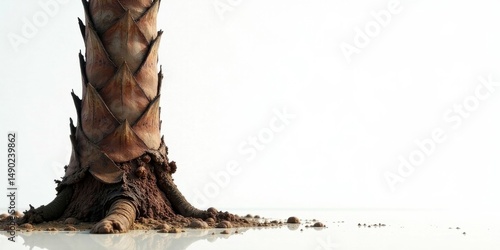 Detailed Close-up of a Unique Tree Trunk Base and Exposed Roots Against a Bright Background