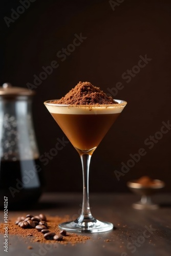 Aromatic Coffee Cocktail in a Martini Glass, Sprinkled with Ground Coffee Beans, Dark Background