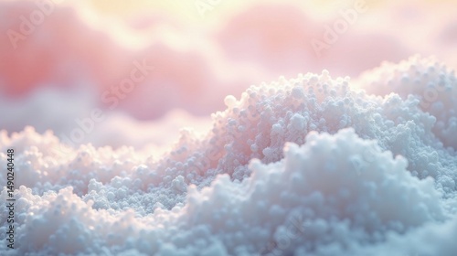 Close-up view of a textured surface resembling a soft, white, crystalline formation under a warm, pastel light