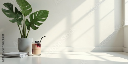 Serene Minimalist Interior Scene with a Refreshing Berry Smoothie and Lush Greenery