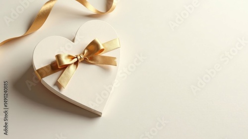 Heart-shaped gift box with a gold ribbon bow on a beige background, perfect for Valentine's Day or a romantic gesture.