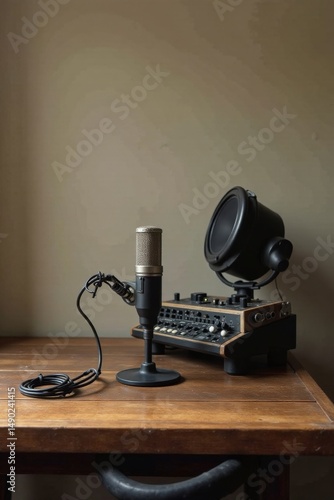Studio microphone setup on wooden table with audio interface and acoustic treatment