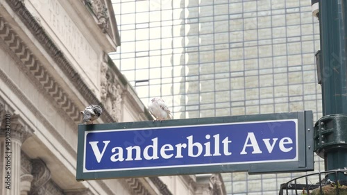 New York City Grand Central Terminal, Vanderbilt intersection road sign. 42 street corner, Park Avenue, Pershing Square architecture. Midtown district railroad hub, railway transport. NYC crossroad.