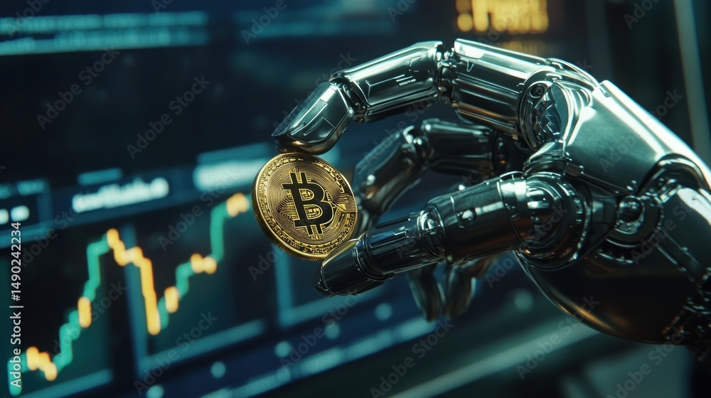 Fototapeta premium Robotic hand holding Bitcoin