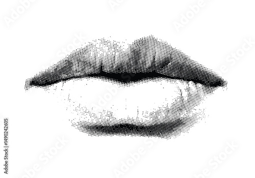 A halftone-style illustration of a human lip with retro grainy texture. Vector illustration for grunge psychedelic surreal poster or tattoo in 90s aesthetic y2k, collage, design