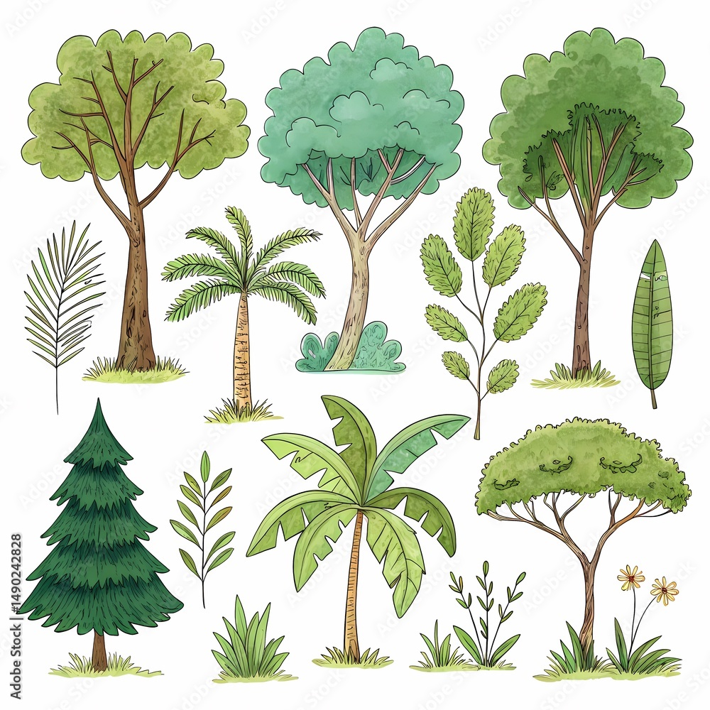 Fototapeta premium Trees Image-Whimsical Hand-Drawn Tree and Shrub Illustration Set