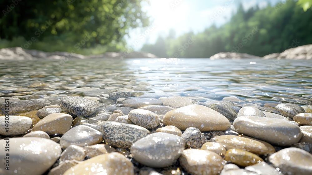 Fototapeta premium Close-up of wet pebbles and clear water on a sunlit riverbed water pebbles riverbed wet close-up sun