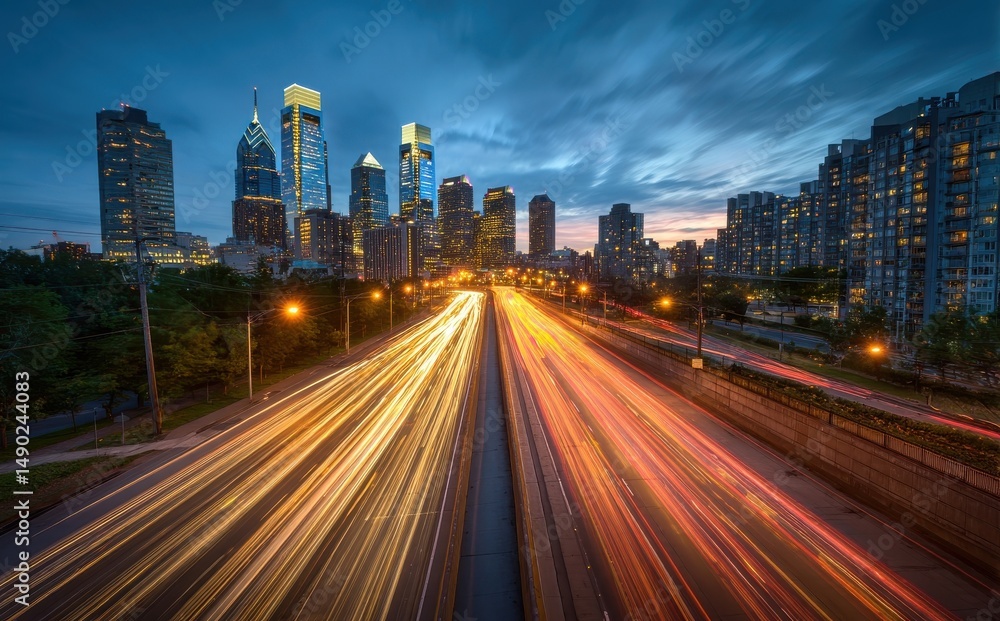 Fototapeta premium Philly skyline at dusk with long exposure light trails on freeway and urban cityscape