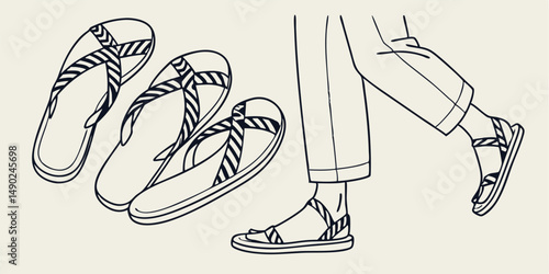 Minimalist illustration featuring sandals and a person walking with summer fashion elements